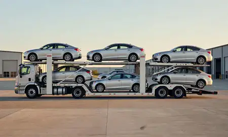 Car transporter parked in an industrial area of Daphne, Alabama, United States