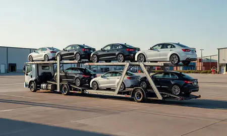 Car transporter loaded with vehicles in Daphne, Alabama, United States