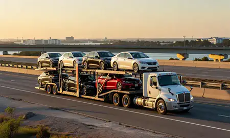 Car transporter with the Daphne, Alabama, United States skyline behind it