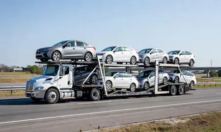 Multi-level car carrier on the highway to Decatur, Alabama, United States