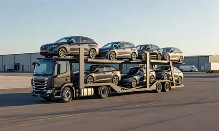 Car transporter loaded with vehicles in Decatur, Alabama, United States