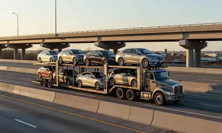 Car transporter with the Decatur, Alabama, United States skyline behind it