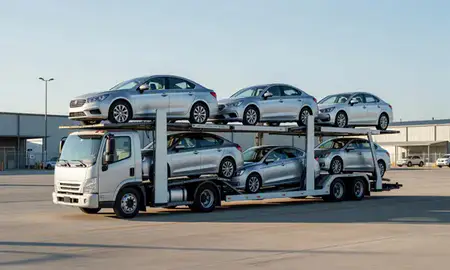 Car transporter loaded with vehicles in Dothan, Alabama, United States