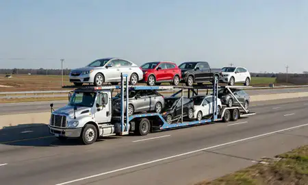 Multi-level car carrier on the highway to Enterprise, Alabama, United States