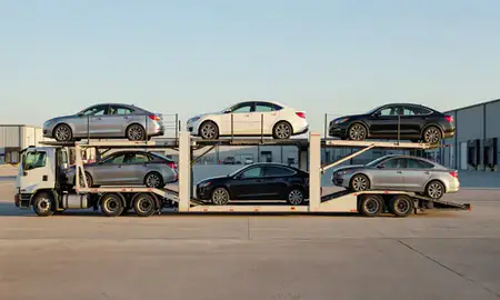 Car transporter parked in an industrial area of Enterprise, Alabama, United States