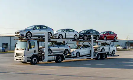 Car transporter loaded with vehicles in Enterprise, Alabama, United States