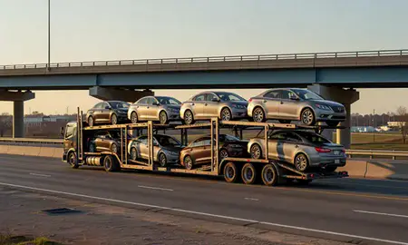 Car transporter with the Enterprise, Alabama, United States skyline behind it