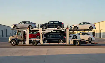 Car transporter parked in an industrial area of Fairhope, Alabama, United States