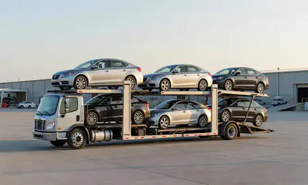 Car transporter loaded with vehicles in Fairhope, Alabama, United States