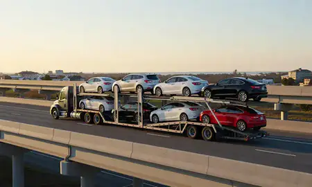 Car transporter with the Fairhope, Alabama, United States skyline behind it