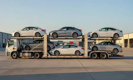 Car transporter parked in an industrial area of Florence, Alabama, United States