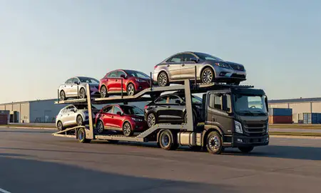 Car transporter loaded with vehicles in Florence, Alabama, United States