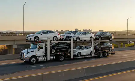 Car transporter with the Florence, Alabama, United States skyline behind it