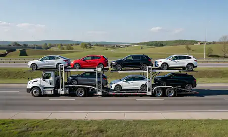Multi-level car carrier on the highway to Gadsden, Alabama, United States