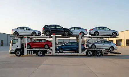 Car transporter parked in an industrial area of Gadsden, Alabama, United States