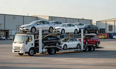 Car transporter loaded with vehicles in Gadsden, Alabama, United States