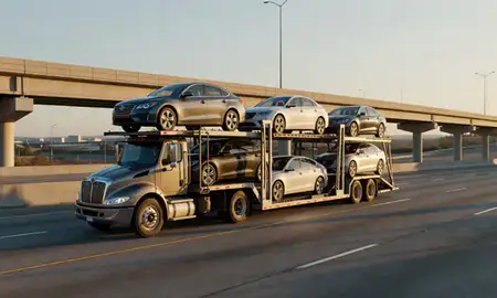 Car transporter with the Gadsden, Alabama, United States skyline behind it