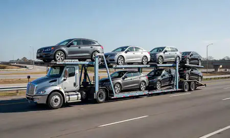 Multi-level car carrier on the highway to Homewood, Alabama, United States
