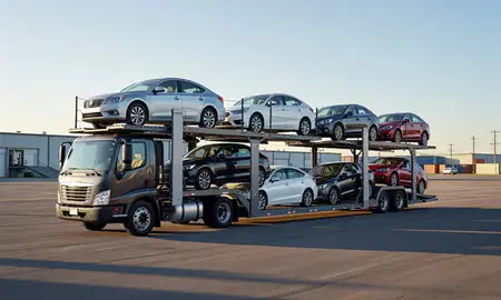 Car transporter loaded with vehicles in Homewood, Alabama, United States