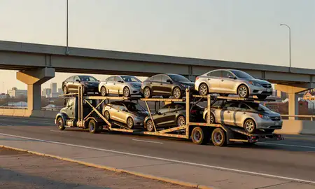 Car transporter with the Homewood, Alabama, United States skyline behind it
