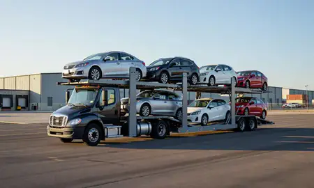 Car transporter loaded with vehicles in Hoover, Alabama, United States