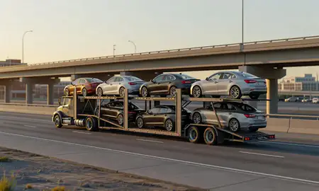 Car transporter with the Hoover, Alabama, United States skyline behind it