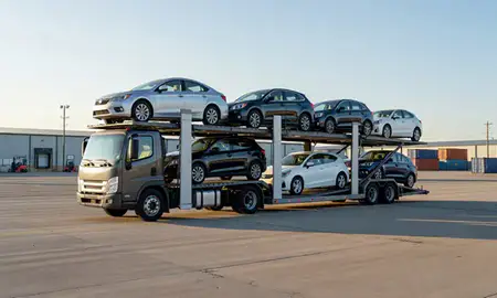 Car transporter loaded with vehicles in Huntsville, Alabama, United States