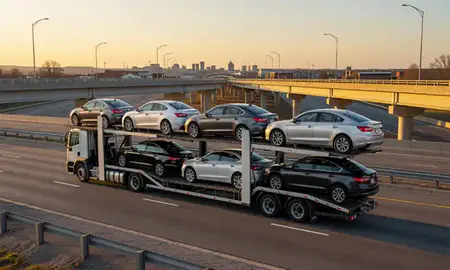 Car transporter with the Huntsville, Alabama, United States skyline behind it