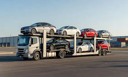 Car transporter loaded with vehicles in Madison, Alabama, United States