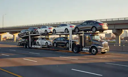 Car transporter with the Madison, Alabama, United States skyline behind it