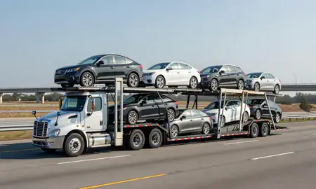 Multi-level car carrier on the highway to Mobile, Alabama, United States
