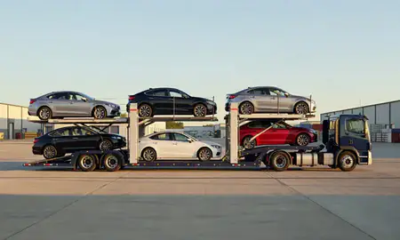 Car transporter parked in an industrial area of Mobile, Alabama, United States
