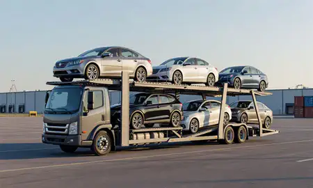 Car transporter loaded with vehicles in Mobile, Alabama, United States