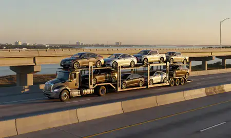 Car transporter with the Mobile, Alabama, United States skyline behind it
