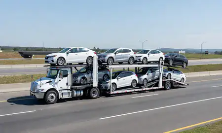 Multi-level car carrier on the highway to Montgomery, Alabama, United States