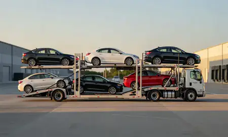 Car transporter parked in an industrial area of Montgomery, Alabama, United States