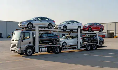 Car transporter loaded with vehicles in Montgomery, Alabama, United States