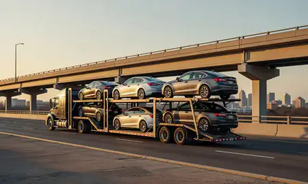 Car transporter with the Montgomery, Alabama, United States skyline behind it
