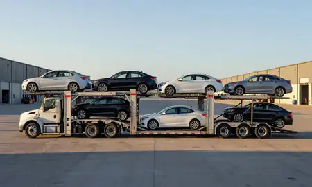 Car transporter parked in an industrial area of Mountain Brook, Alabama, United States