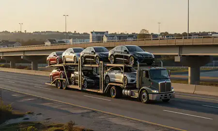 Car transporter with the Mountain Brook, Alabama, United States skyline behind it