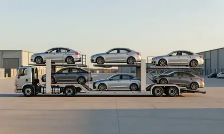 Car transporter parked in an industrial area of Northport, Alabama, United States