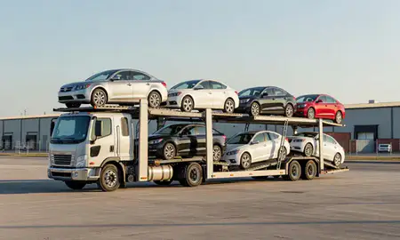 Car transporter loaded with vehicles in Northport, Alabama, United States