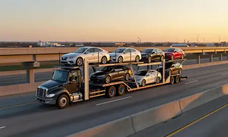 Car transporter with the Northport, Alabama, United States skyline behind it