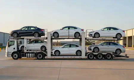 Car transporter parked in an industrial area of Opelika, Alabama, United States