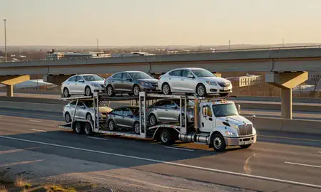 Car transporter with the Opelika, Alabama, United States skyline behind it