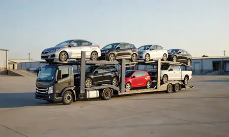 Car transporter loaded with vehicles in Oxford, Alabama, United States