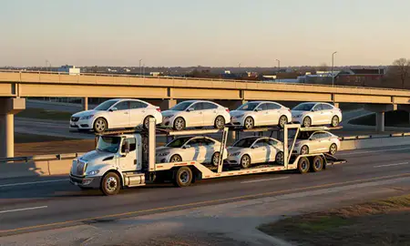 Car transporter with the Oxford, Alabama, United States skyline behind it