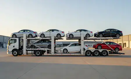 Car transporter parked in an industrial area of Pelham, Alabama, United States