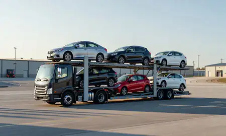 Car transporter loaded with vehicles in Pelham, Alabama, United States