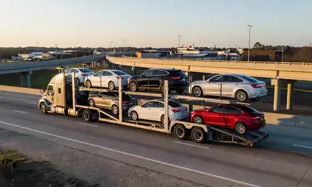 Car transporter with the Pelham, Alabama, United States skyline behind it